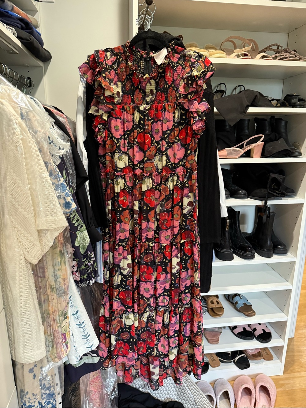 cinq a sept Black Maxi Dress with Pink and Red Floral Print